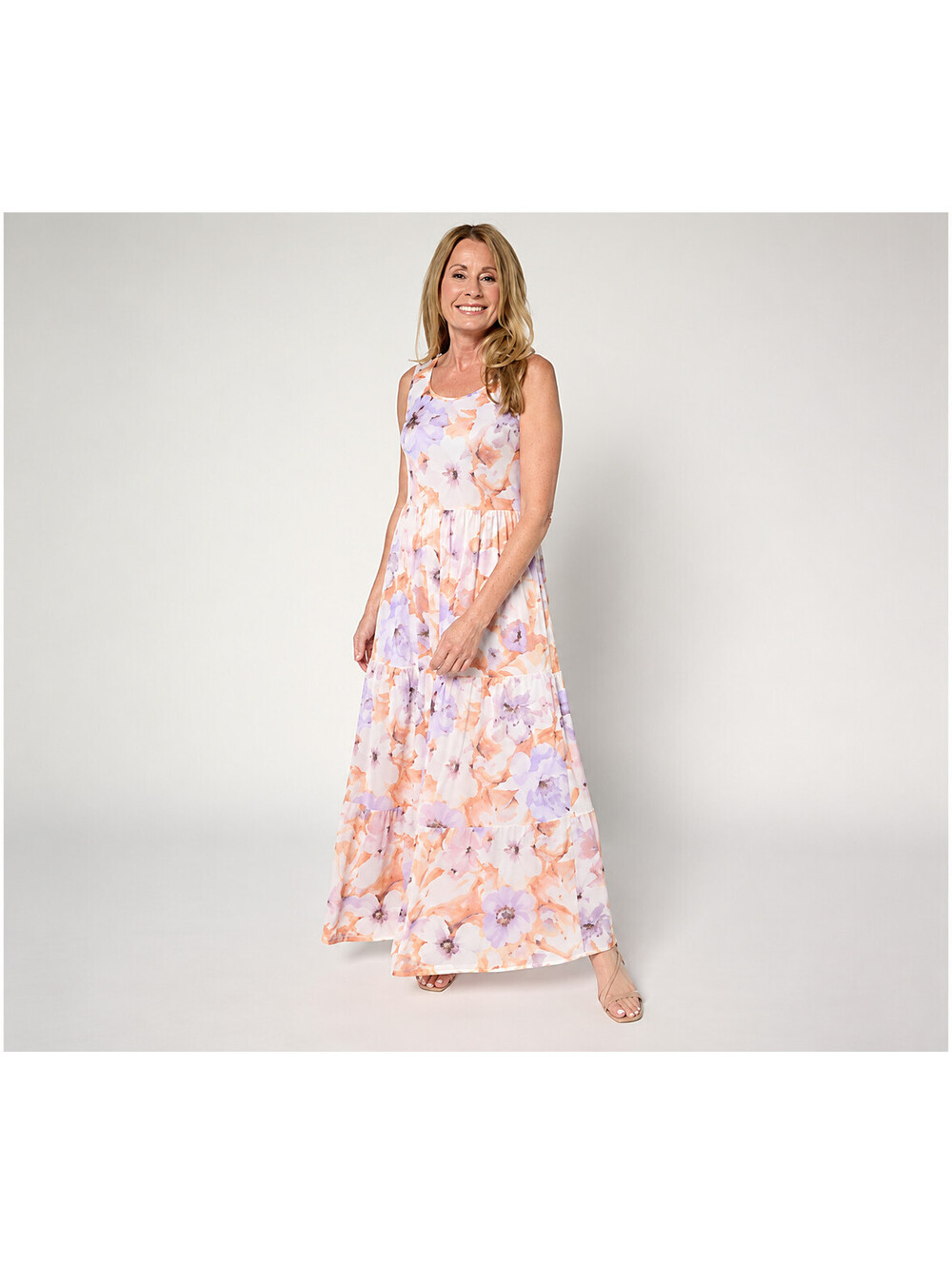 Susan Graver Regular Printed Mesh Tiered Sleeveless Dress Lilac/Melon, Large